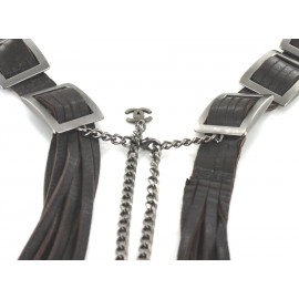 Ceinture CHANEL marron en cuir et boucles carrées argent