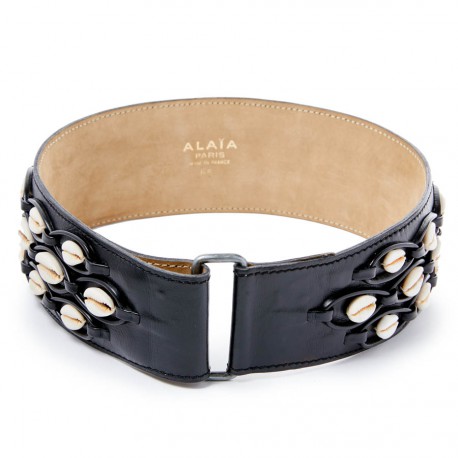 ALAIA Belt in Black Leather and White Shells 65