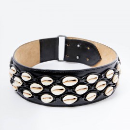 ALAIA Belt in Black Leather and White Shells 65