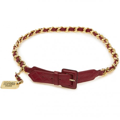 Ceinture CHANEL Vinage chaine er cuir rouge