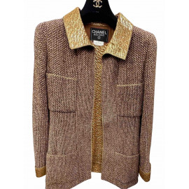  Veste CHANEL T 36  laine marron et beige avec haut en soie lamé or 