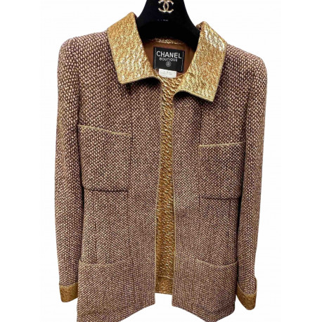 Veste CHANEL T 36  laine marron et beige avec haut en soie lamé or 