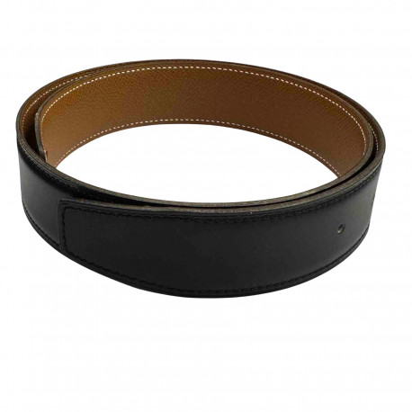 Ceinture HERMES T 65  réversible en cuir box noir et cuir grainé gold