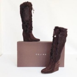 bottes CELINE T36 daim et fourrure marron