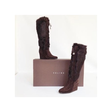 bottes CELINE T36 daim et fourrure marron