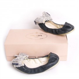 Ballerines PRADA cuir et tissu bleu T36