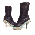 CHANEL t. 39.5 Paris Shanghai boots in Black Suede platform printed and painted wood green and gold