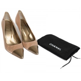 Escarpins couture CHANEL satin vieux rose et cuir bronze