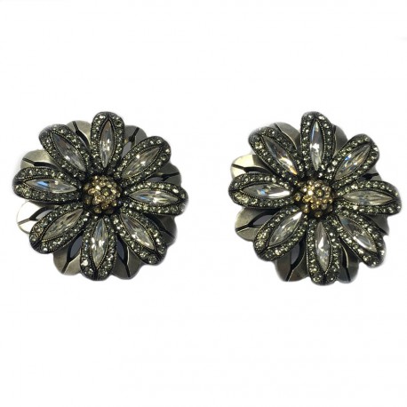 Boucles d'oreille clips LANVIN marguerite en métal argenté et strass