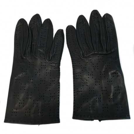 Gants HERMES en cuir bleu foncé perforé