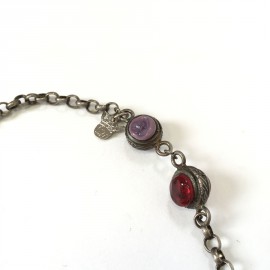 Necklace purple and Burgundy glass and MARGUERITE of VALOIS aged silver chain