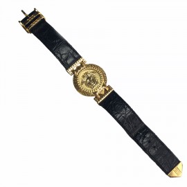 Montre VERSACE "Signature Médusa" plaqué or et cuir noir