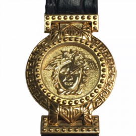 Montre VERSACE "Signature Médusa" plaqué or et cuir noir