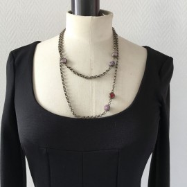 Necklace purple and Burgundy glass and MARGUERITE of VALOIS aged silver chain