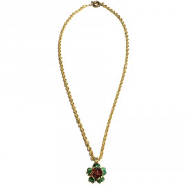 Collier MARGUERITE DE VALOIS fleurette en pâte de verre émeraude et ambre