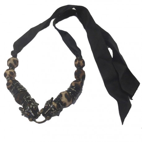 collier LANVIN tête de tigre en résine noire et strass