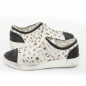 CHANEL T 39.5 black and white leather and embroidery sneakers