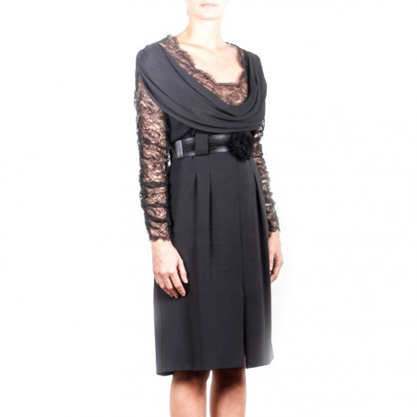 Robe de cocktail CHANEL T 36 en soie et dentelle noire