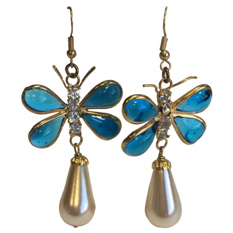 Boucles d'oreille clous MARGUERITE DE VALOIS papillon en pâte de verre bleue, strass et perle nacrée