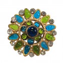 TAILLE Bague MARGUERITE DE VALOIS en pâte de verre vert et bleu, strass et métal doré