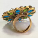 TAILLE Bague MARGUERITE DE VALOIS en pâte de verre vert et bleu, strass et métal doré