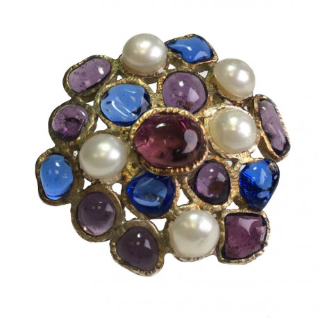 TAILLE Bague MARGUERITE DE VALOIS en pâte de verre mauve et bleu, perles nacrées