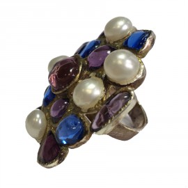 TAILLE Bague MARGUERITE DE VALOIS en pâte de verre mauve et bleu, perles nacrées