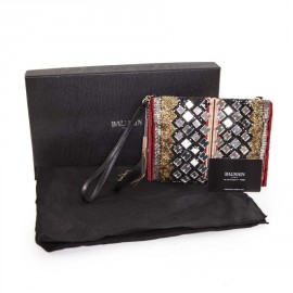 BALMAIN evening clutch in lame gold fabric and embroideries