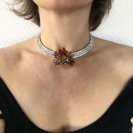 Collier ras de cou MARGUERITE de VALOIS fleurettes rubis et strass