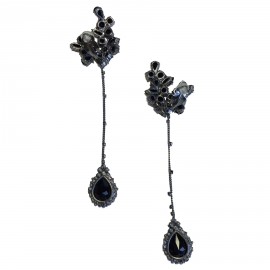 Boucles d'oreille clips pendantes strass et cabochons noirs