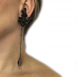 Boucles d'oreille clips pendantes strass et cabochons noirs