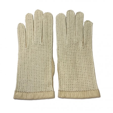 Gants NON SIGNES cuir et crochet crème T7,5