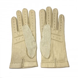 Gants NON SIGNES cuir et crochet crème T7,5