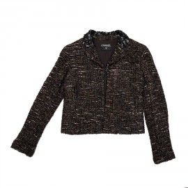 Veste CHANEL T  en tweed marron et fils brillants noirs