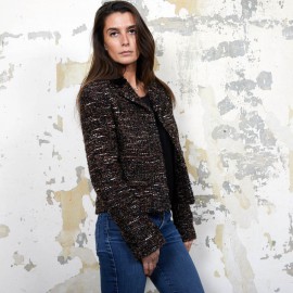 Veste CHANEL T  en tweed marron et fils brillants noirs