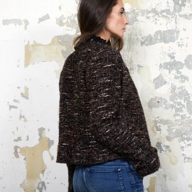 Veste CHANEL T  en tweed marron et fils brillants noirs