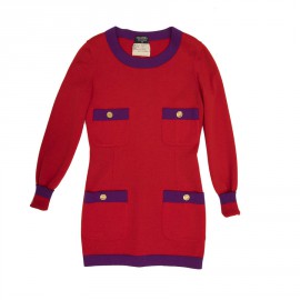 Ensemble CHANEL T 38 pull et jupe en laine rouge avec bordures violettes