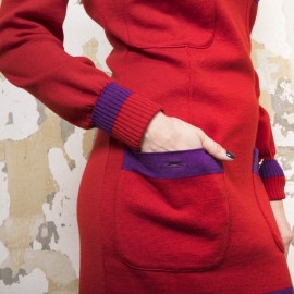 CHANEL T 38 set sweater and skirt in red wool with purple borders