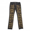 Pantalon jean CHANEL T 40 avec broderies or, bordeaux et noire