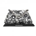 CHANEL tote bag in black, light gray and white silk scarf and black smooth lamb leather