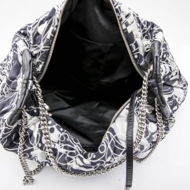 CHANEL tote bag in black, light gray and white silk scarf and black smooth lamb leather