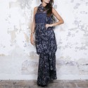 CHANEL T 34 evening gown in blue and white printed silk