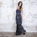 CHANEL T 34 evening gown in blue and white printed silk