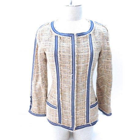 Veste CHANEL en tweed beige et bleu ciel T 34