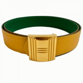 Ceinture HERMES réversible cuir epsom vert et jaune T84