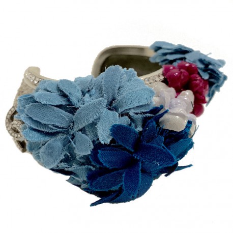 Bracelet CHANEL rigide argenté et fleurs en tissu