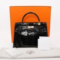 Sac Kelly 35 crocodile HERMES porosus noir