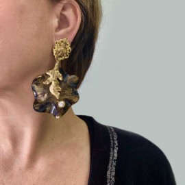 Boucles d'oreilles clips feuille bronze et doré vintage non signées