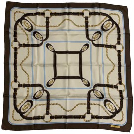 Foulard Must de Cartier vintage en soie marron, beige et bleu 