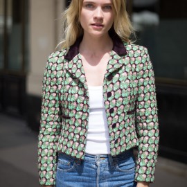 Veste T36 CHANEL en tweed vert, rose et marron